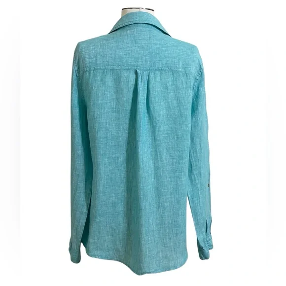 ๐ผJONES NY Green Turquoise Linen Classic Long Sleeve Button Down Shirt Medium - Picture 3 of 11